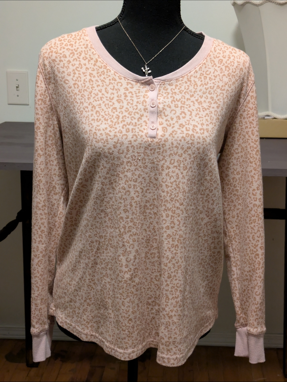 Jockey Light Pink Leopard Henley Long Sleeve Top